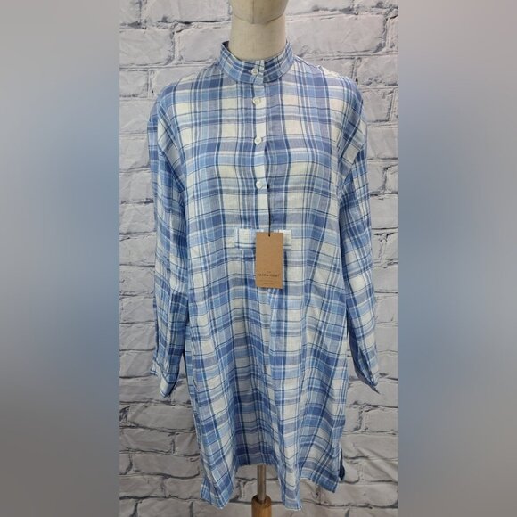 NWT The Sleep Shirt Short Blue Check 100% Linen Canada Plus Size One Size - Picture 2 of 14